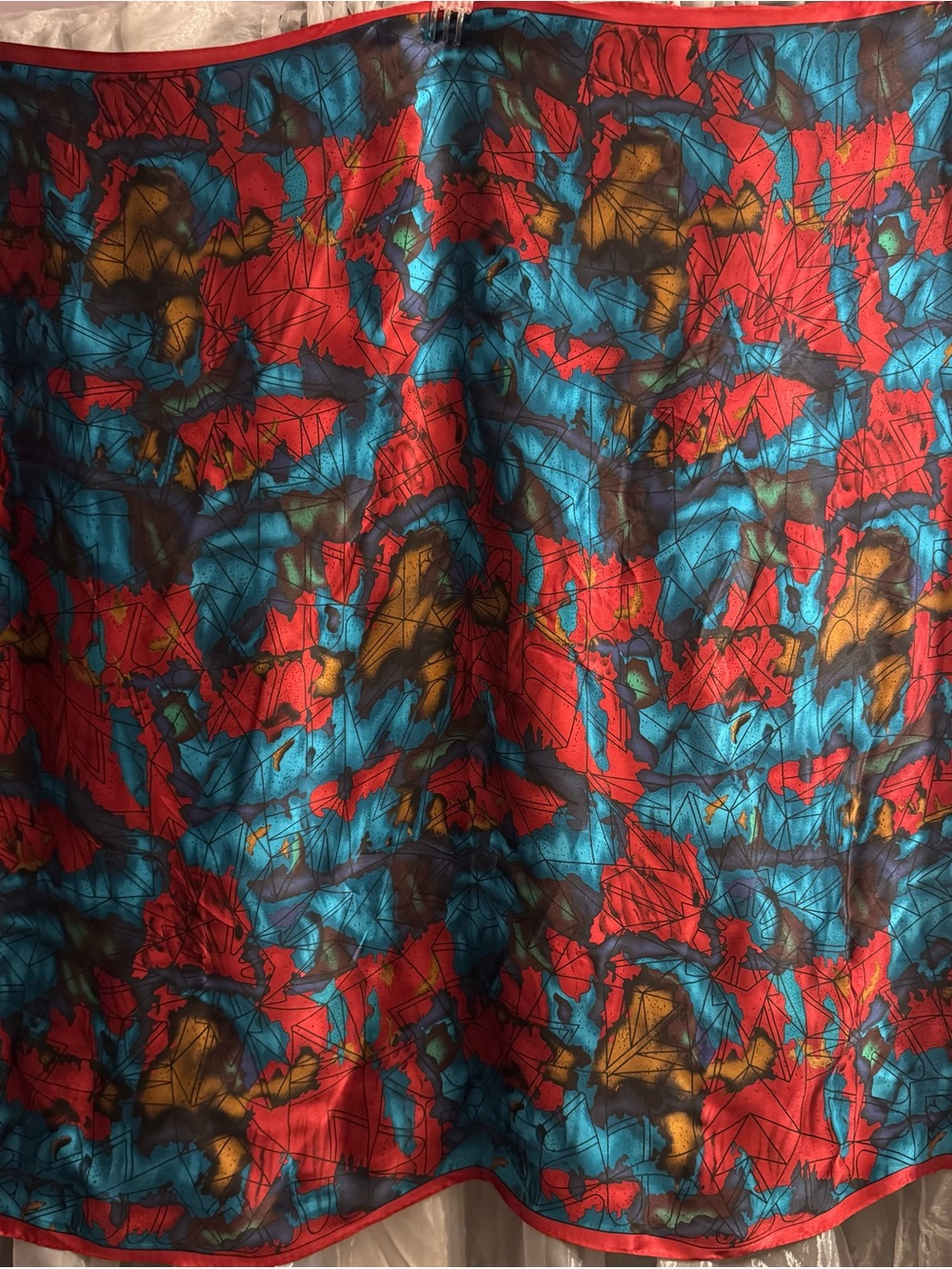 Vintage Ginnie Johansen Inc. Bold Red & Blue Abstract Geometric Print Silk Scarf